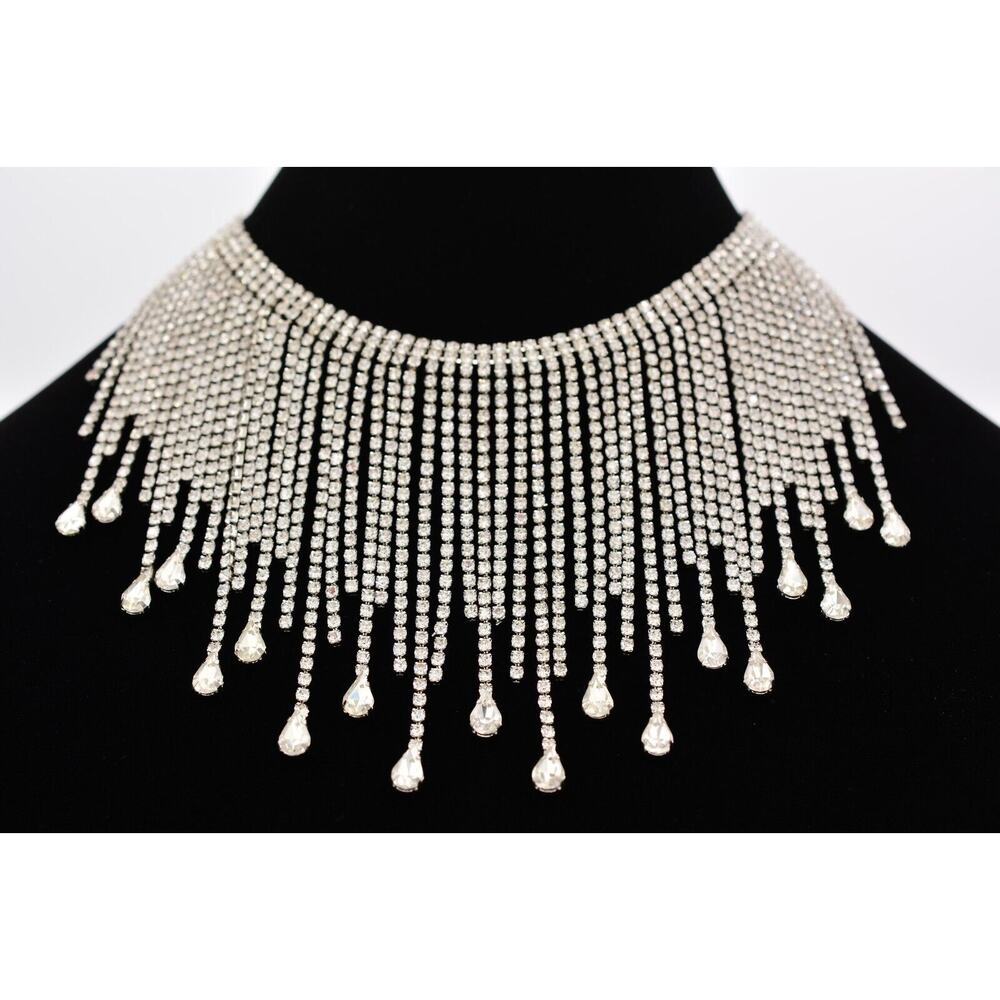 Vintage Crystal Choker Collar Necklace Fringe Drip Dazzle Glam Chunky 90s BinA